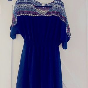 New, V-Neck, Aztec Print & Navy Shortsleeved Lined Dress,Size M